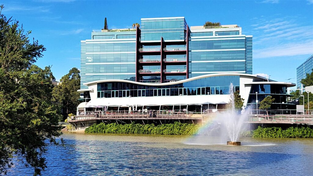 Virtual office address building external shot with lake view