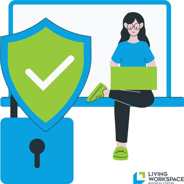 person typing on their laptop with a padlock and shield to signify protect your business